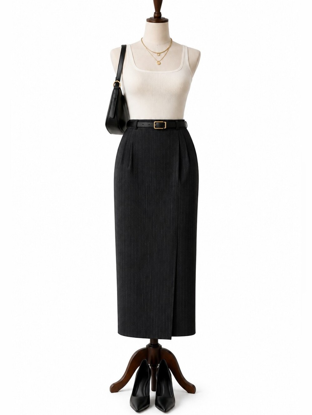 Tailored Black Midi Pencil Skirt with Front Slit
